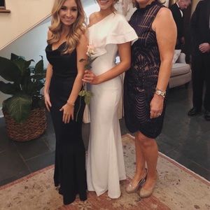 Navy Cowl Neck Satin Gown